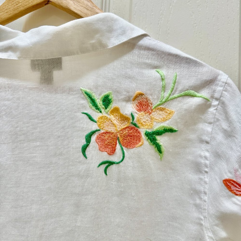 J.Jill 100% Linen Embroidery Shirt Blouse Women's Size S White Floral Button Up - Picture 14 of 16